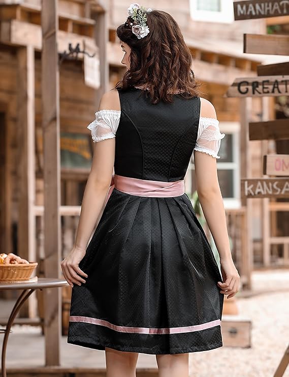 Blumenmuster Dirndl in Schwarz und Rosa – Traditionelle Trachtenmode Damen – Elegant & Vielseitig