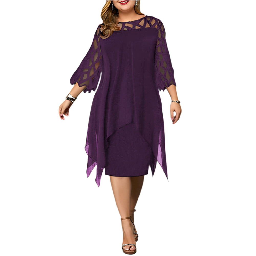 Elegantes Midi-Kleid – Rundhalsausschnitt mit Spitzenärmeln – Festlich & Stilvoll