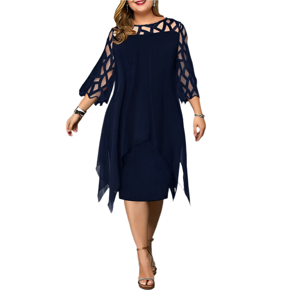 Elegantes Midi-Kleid – Rundhalsausschnitt mit Spitzenärmeln – Festlich & Stilvoll