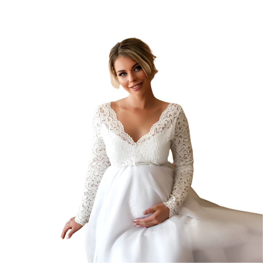 Elegantes Umstandskleid Festlich – Spitzen-Maxikleid für Schwangere mit Anpassbarem Taillenband