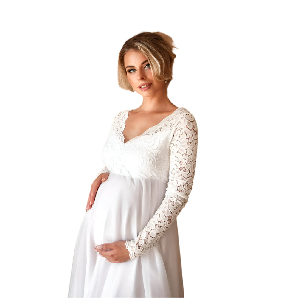 Elegantes Umstandskleid Festlich – Spitzen-Maxikleid für Schwangere mit Anpassbarem Taillenband