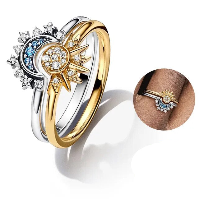 Funkelnder Mond-Sonne-Ring – Elegantes 925er Sterlingsilber mit Kristallen