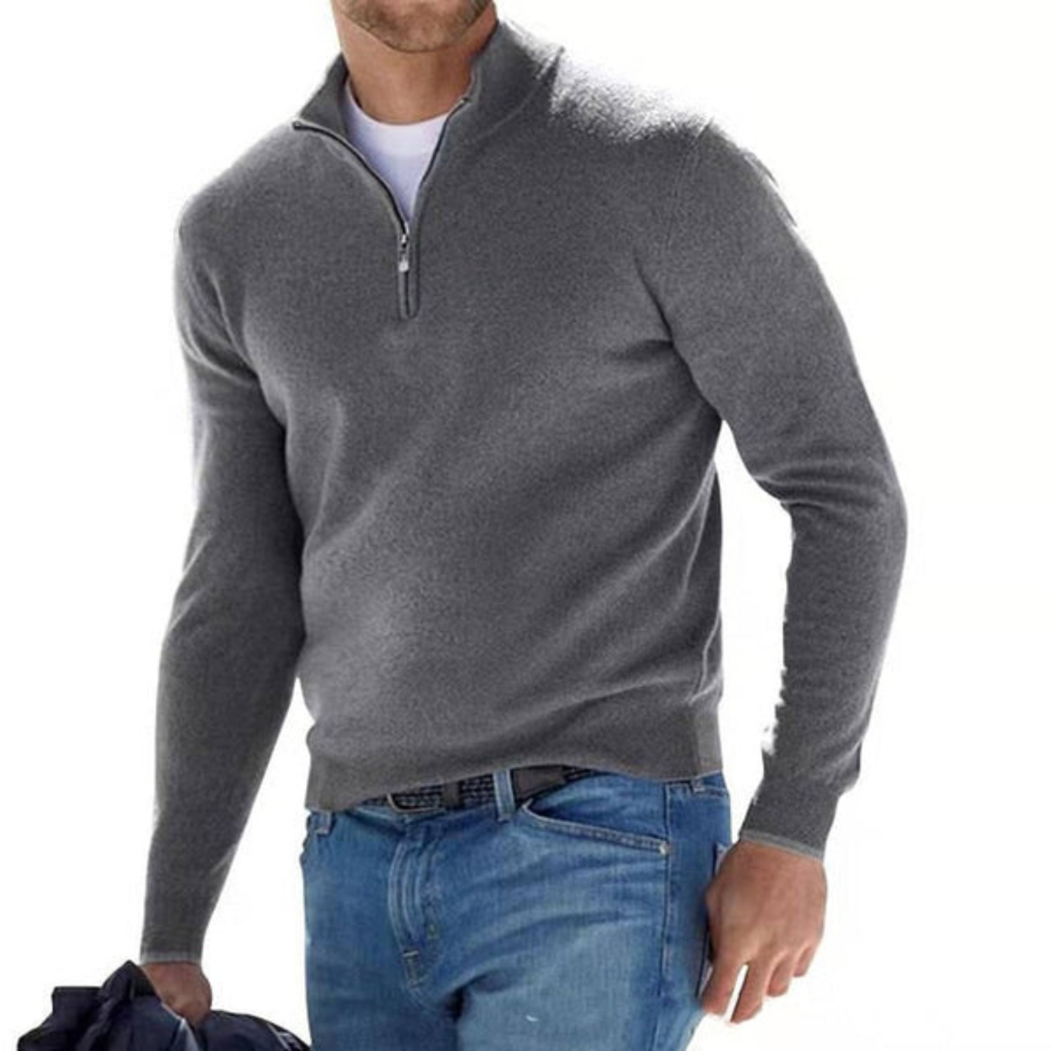 Innovativer Herrenpullover – Merino Pullover mit V-Ausschnitt und Reißverschluss