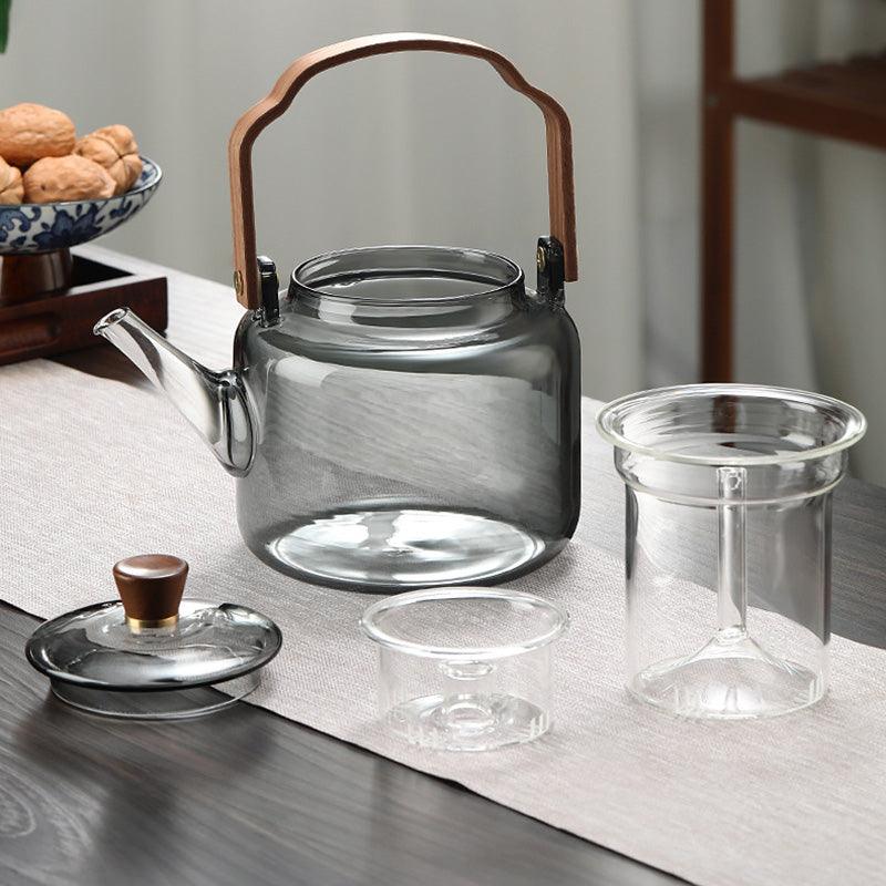 Satori – Teekanne aus Rauchglas & Holz mit Siebeinsatz