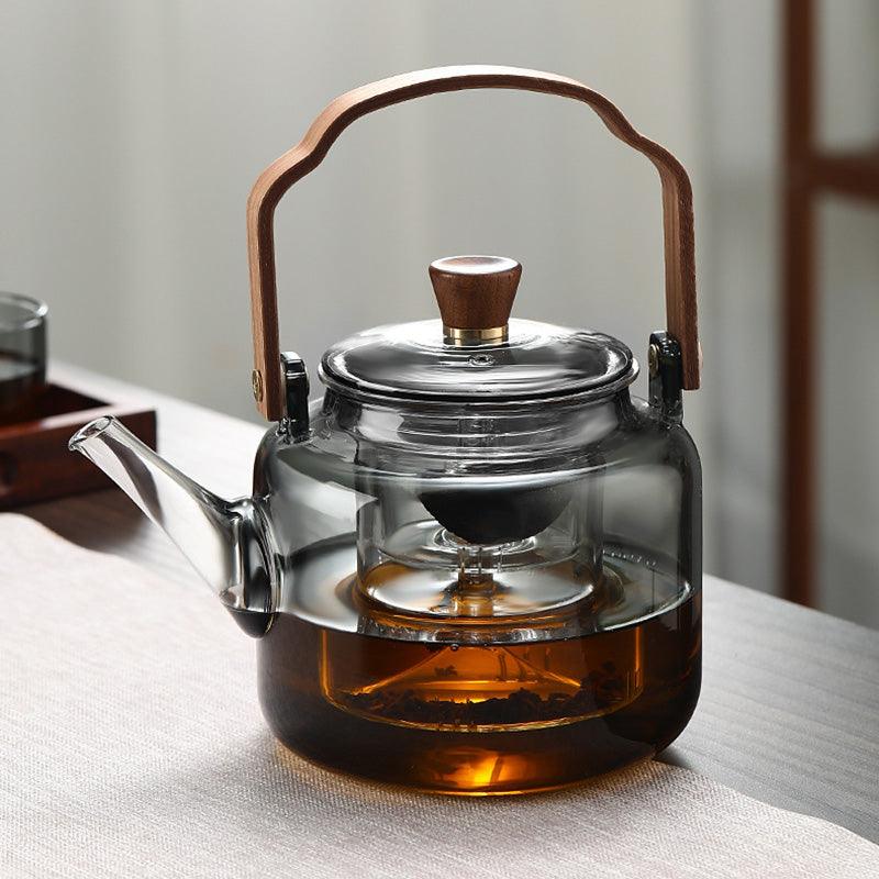 Satori – Teekanne aus Rauchglas & Holz mit Siebeinsatz