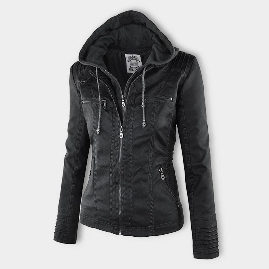 Wetterfeste Damenjacke – Elegante Lederjacke mit Abnehmbarer Kapuze 4