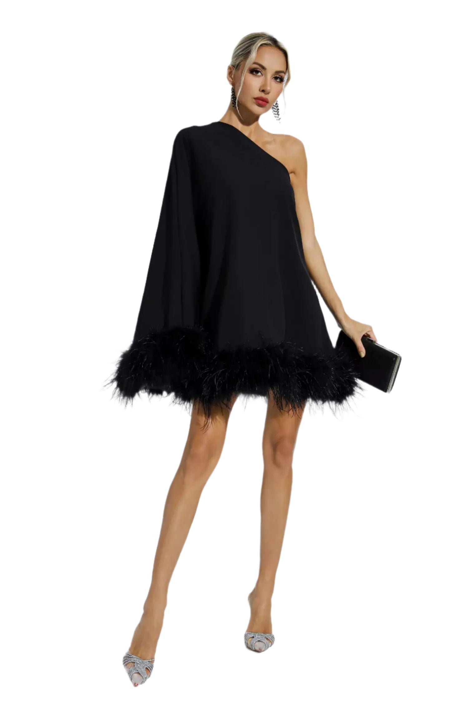 Ailani – Einseitiges Minikleid – Glamourös mit Federn in Schwarz oder Weiß