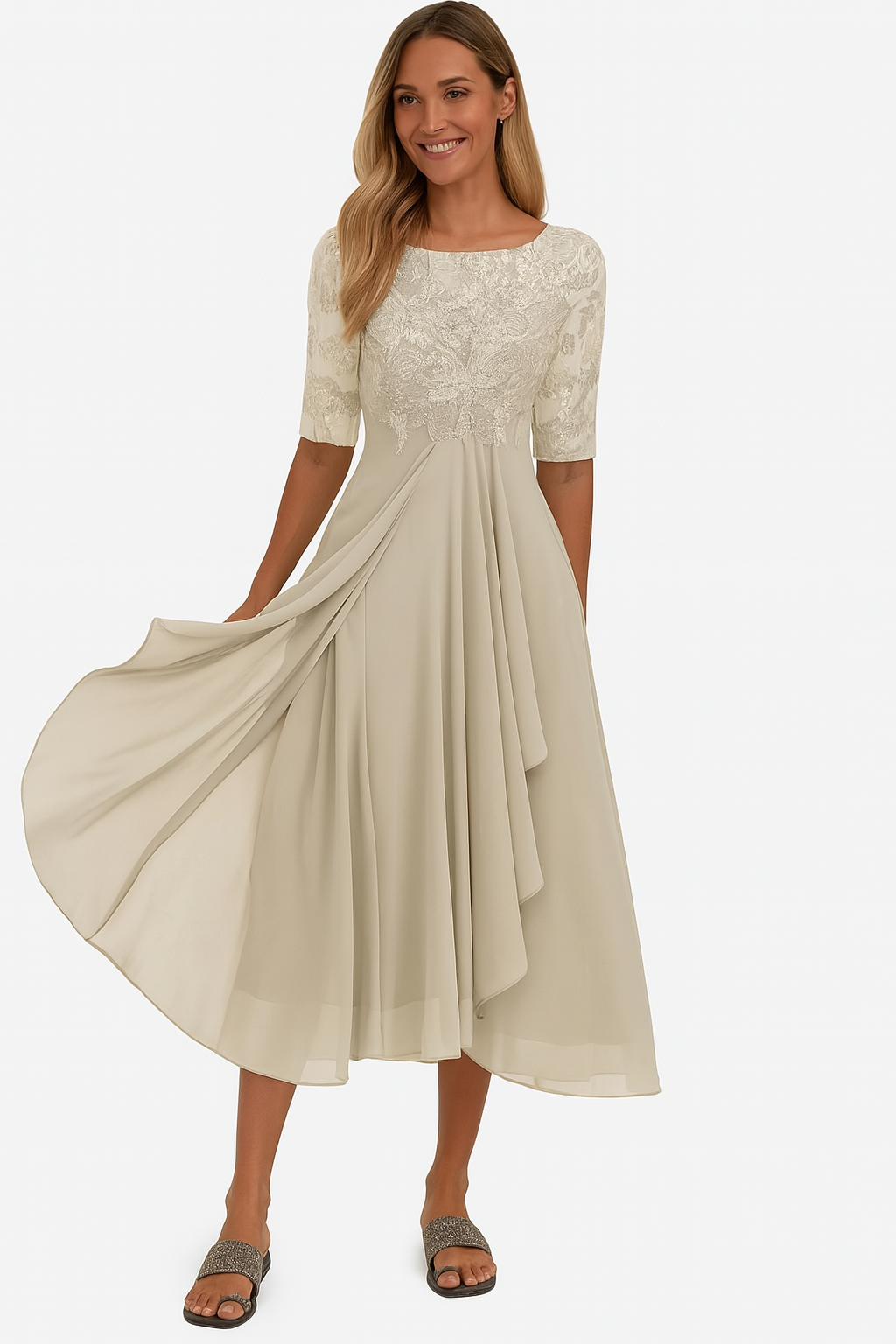 Besticktes Chiffon Midikleid für Damen – Elegant & Romantisch für Festliche Anlässe 0