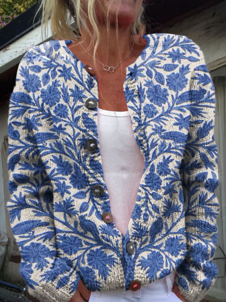 Blumenmuster Strickjacke für Damen – Elegant & Vielseitig