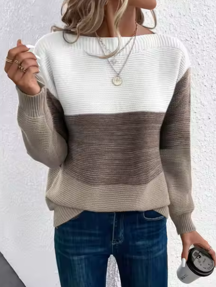Dreifarbiger Patchwork-Pullover für Damen – Stilvoll & Bequem