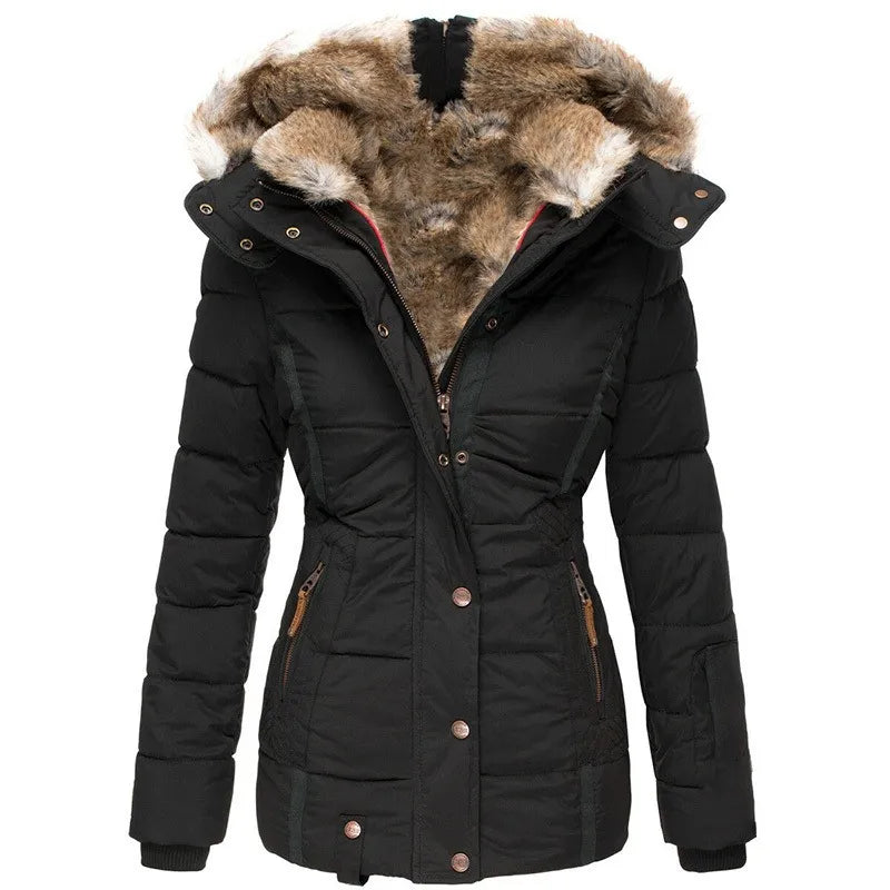 Eleganter Damen-Wintermantel – Luxuriöser Fellkragen & Taillierter Schnitt