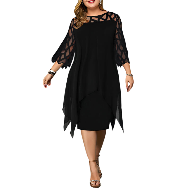 Elegantes Midi-Kleid – Rundhalsausschnitt mit Spitzenärmeln – Festlich & Stilvoll