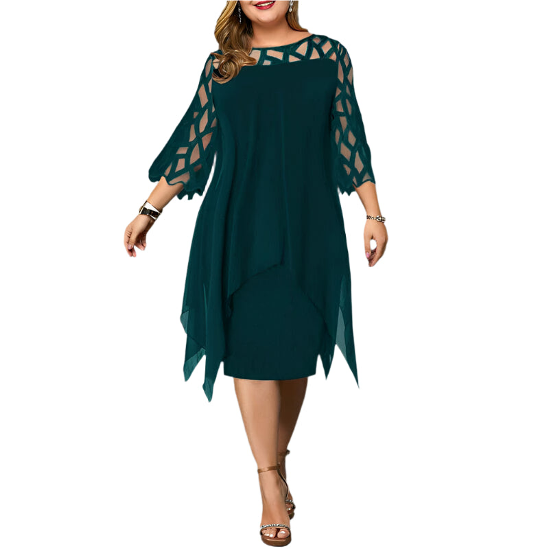 Elegantes Midi-Kleid – Rundhalsausschnitt mit Spitzenärmeln – Festlich & Stilvoll