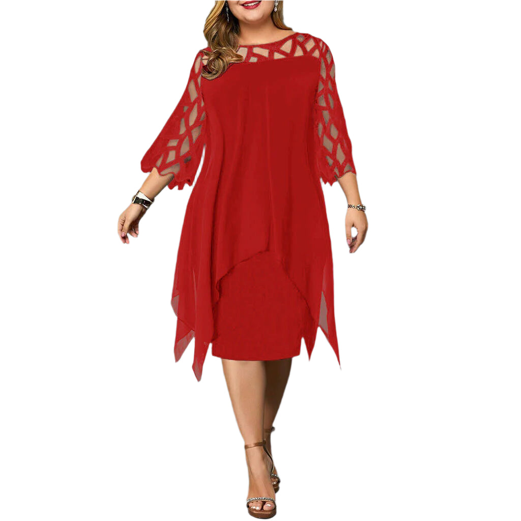 Elegantes Midi-Kleid – Rundhalsausschnitt mit Spitzenärmeln – Festlich & Stilvoll
