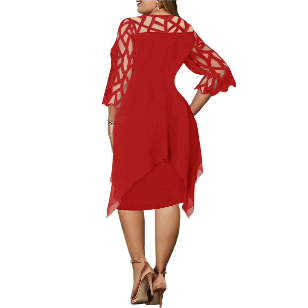 Elegantes Midi-Kleid – Rundhalsausschnitt mit Spitzenärmeln – Festlich & Stilvoll