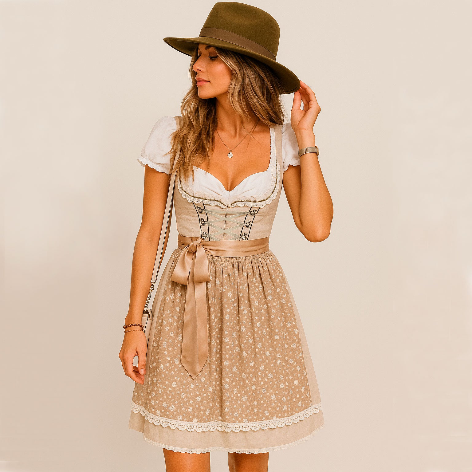 Elegantes Damen Dirndl in Beige - Klassisches Trachtenkleid