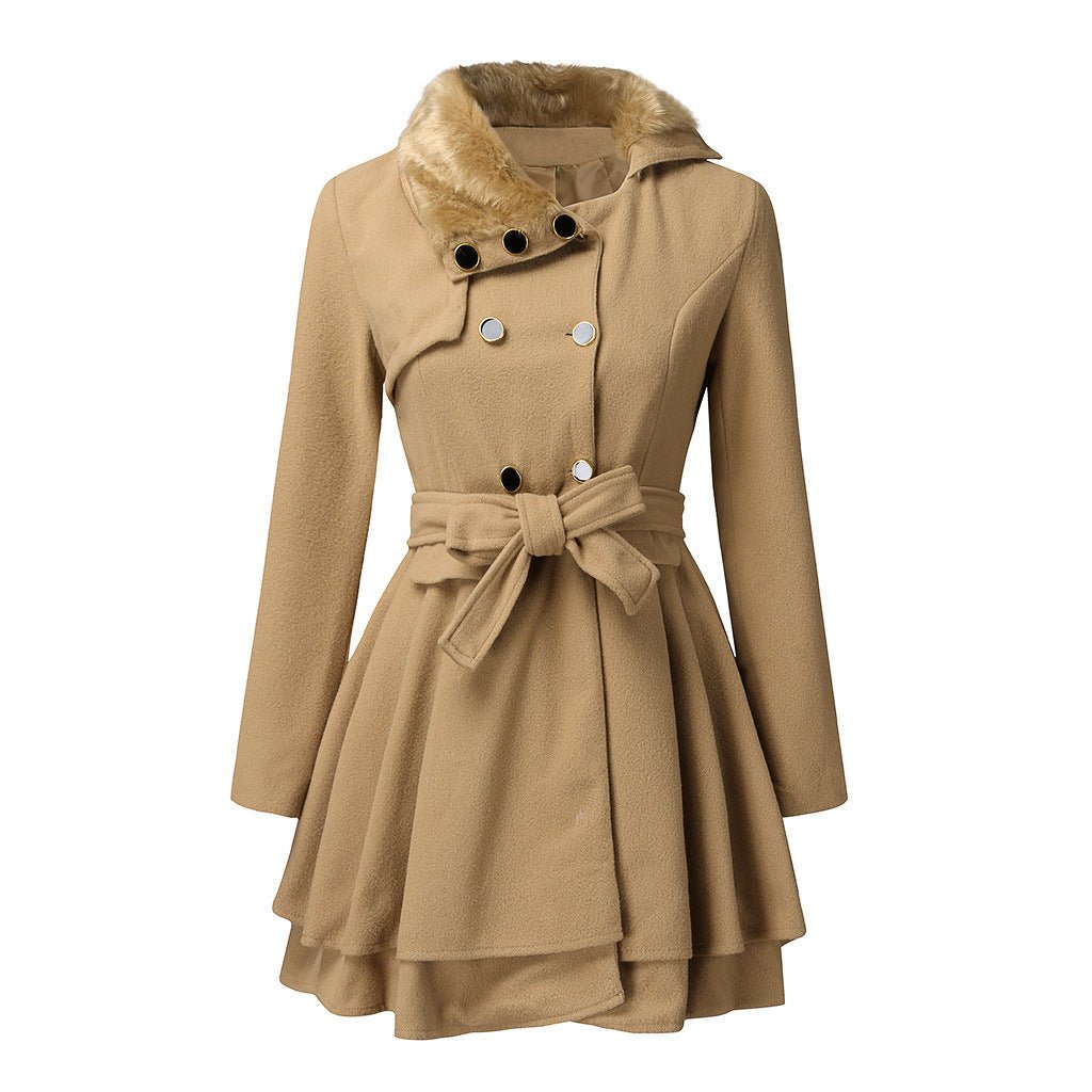Emma – Wollmantel Damen – Eleganter Beige Mantel mit Kunstfellkragen