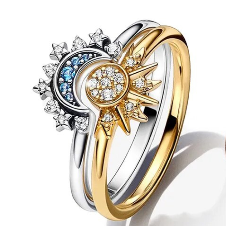 Funkelnder Mond-Sonne-Ring – Elegantes 925er Sterlingsilber mit Kristallen