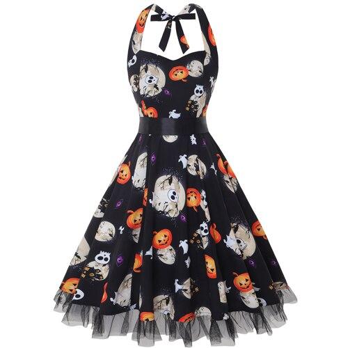 Gespenstisches Halloween Kleid Damen – Midi Kleid mit Lustigem Karikatur-Druck 0