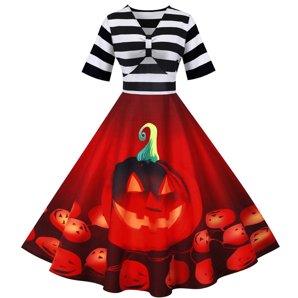 Kürbisschaukel – Midi Kleid – Vintage Halloween Stil mit Einzigartigem Druck 3