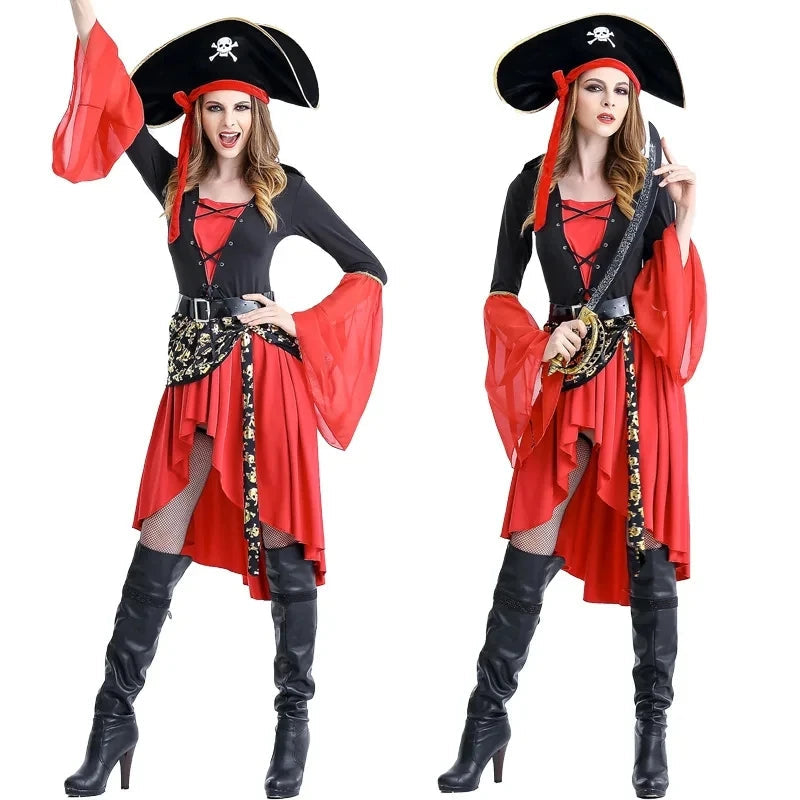 Piratenkapitän – Midi Kostümkleid – Dramatischer High-Low-Saum mit Rüschen & Korsettoptik 1