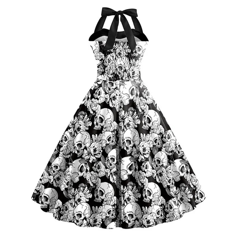 Totenkopf – Midi-Kleid – Auffälliger Halloween-Print für Damen 1