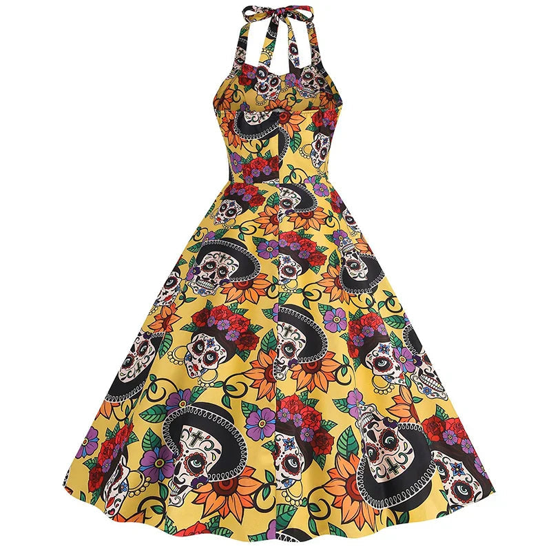 Totenkopf – Midi-Kleid – Auffälliger Halloween-Print für Damen 2