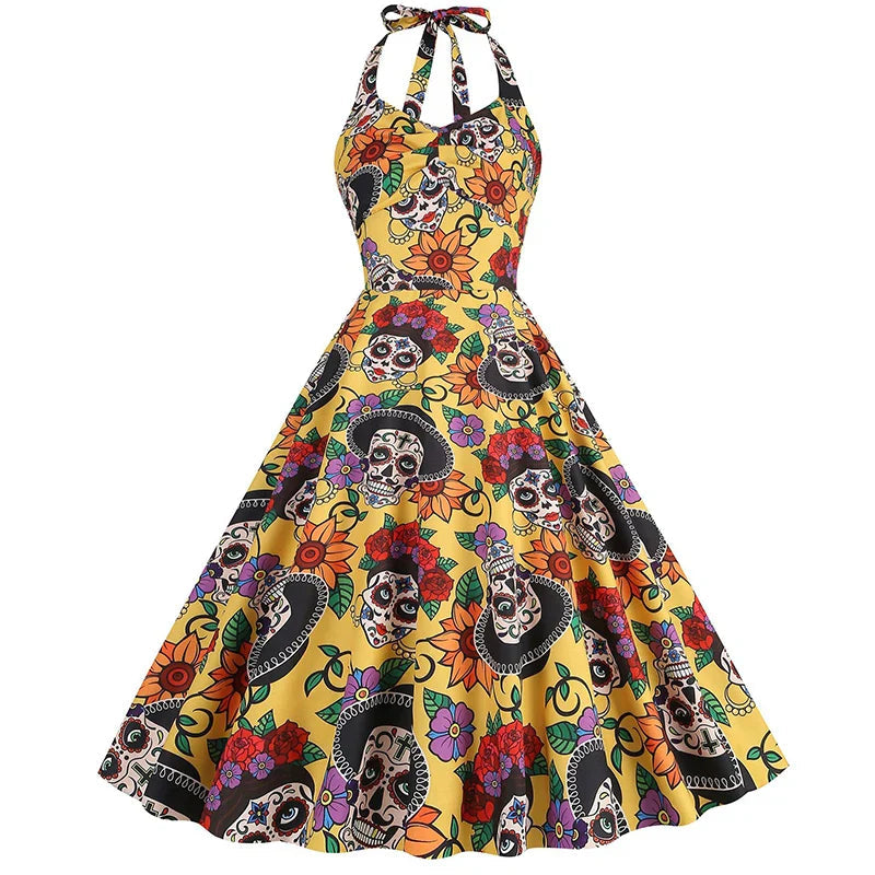 Totenkopf – Midi-Kleid – Auffälliger Halloween-Print für Damen 3