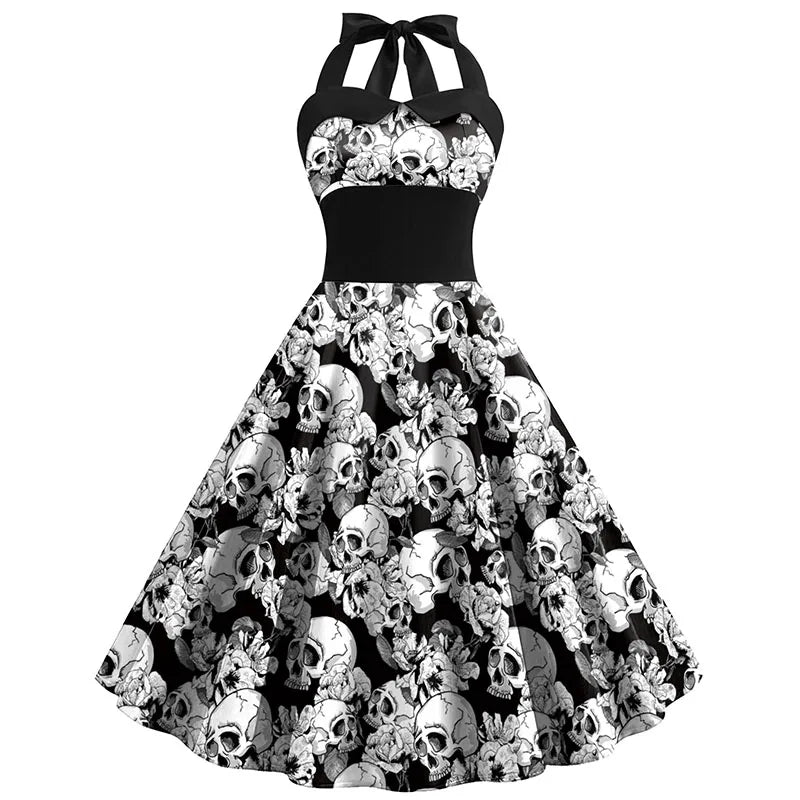 Totenkopf – Midi-Kleid – Auffälliger Halloween-Print für Damen 0