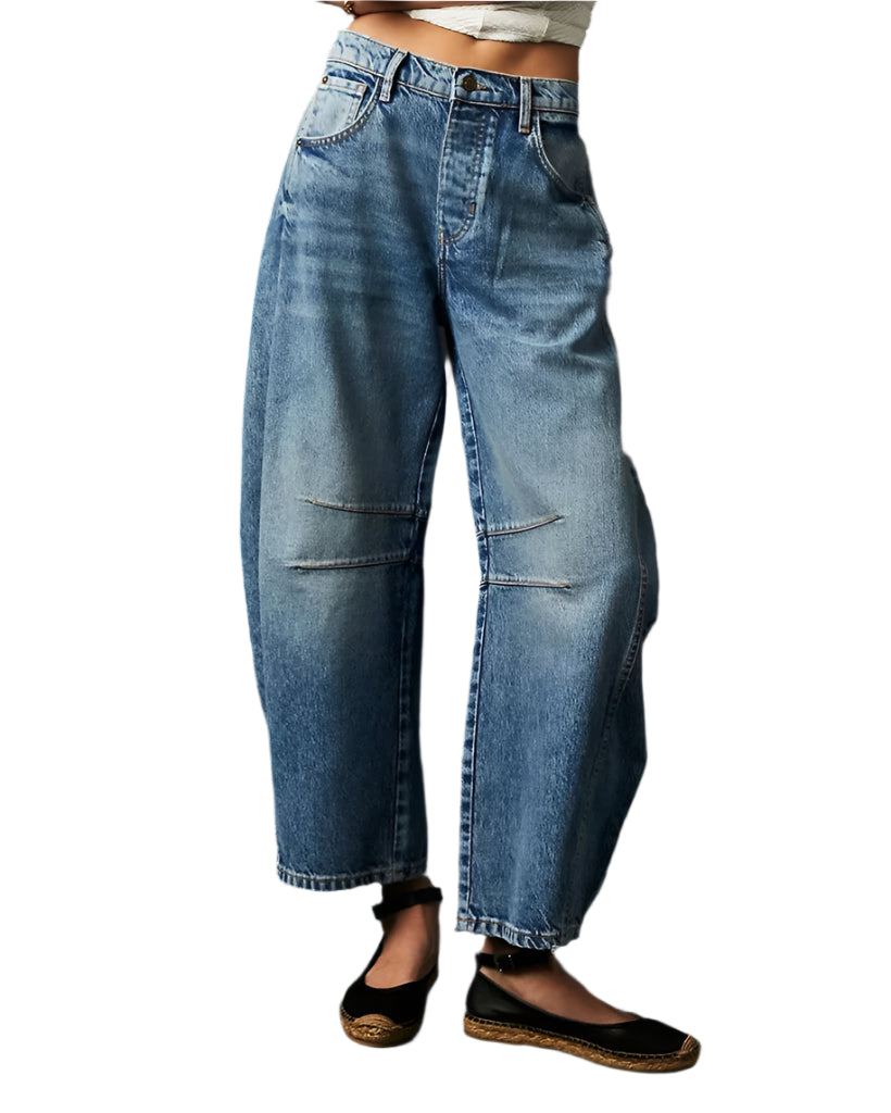 Trendy – Damenjeans – Mid Rise Barrel mit Distressed-Finish und 4-Pocket-Design