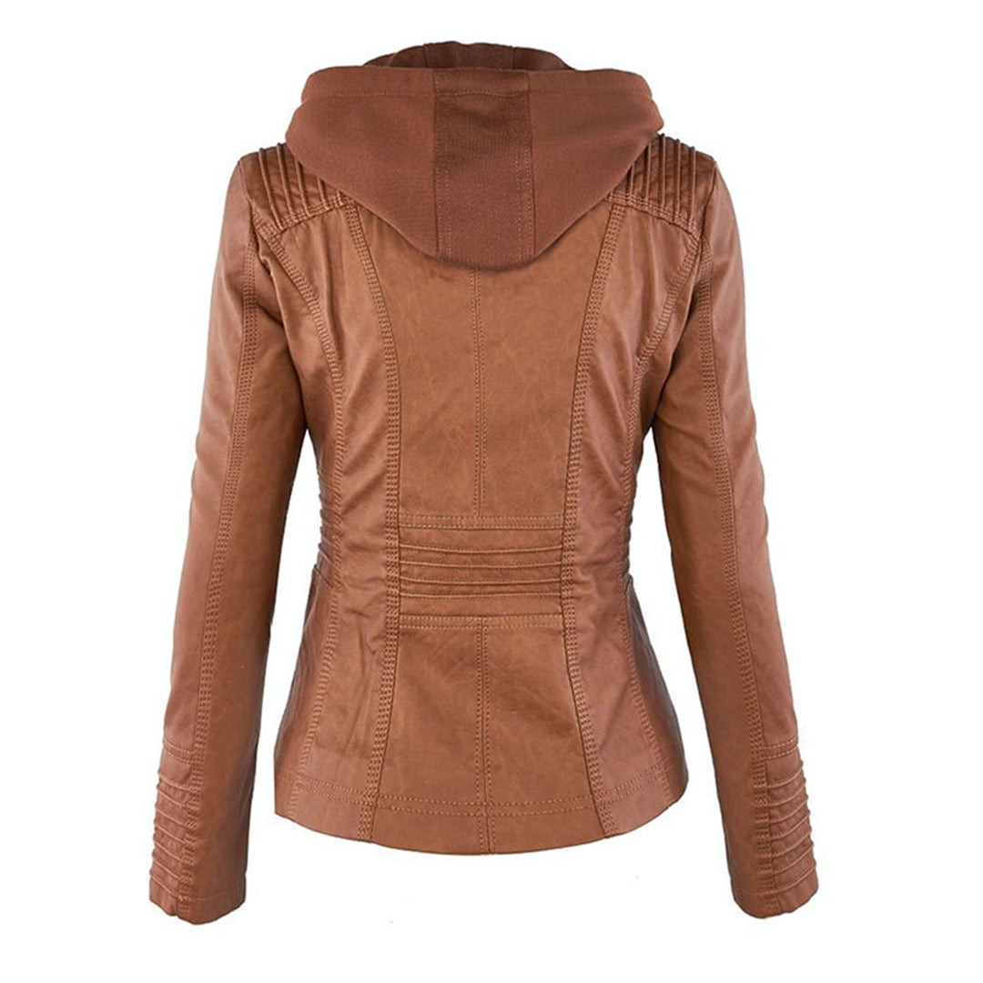 Wetterfeste Damenjacke – Elegante Lederjacke mit Abnehmbarer Kapuze 3