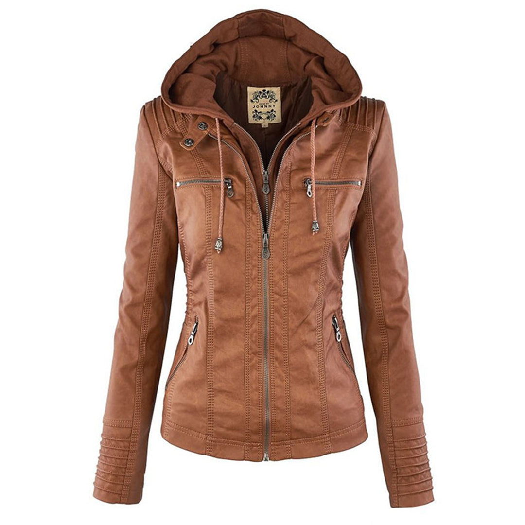 Wetterfeste Damenjacke – Elegante Lederjacke mit Abnehmbarer Kapuze 0